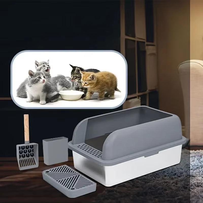Stainless Semi Open Plan Cat Litter Box Comfortable Large Space Sturdy Durable Wider Thicker Removable Easy Cleaning Pet Supplie