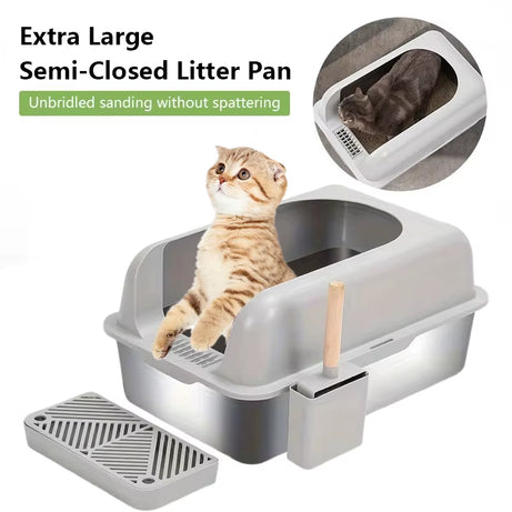 Stainless Semi Open Plan Cat Litter Box Comfortable Large Space Sturdy Durable Wider Thicker Removable Easy Cleaning Pet Supplie