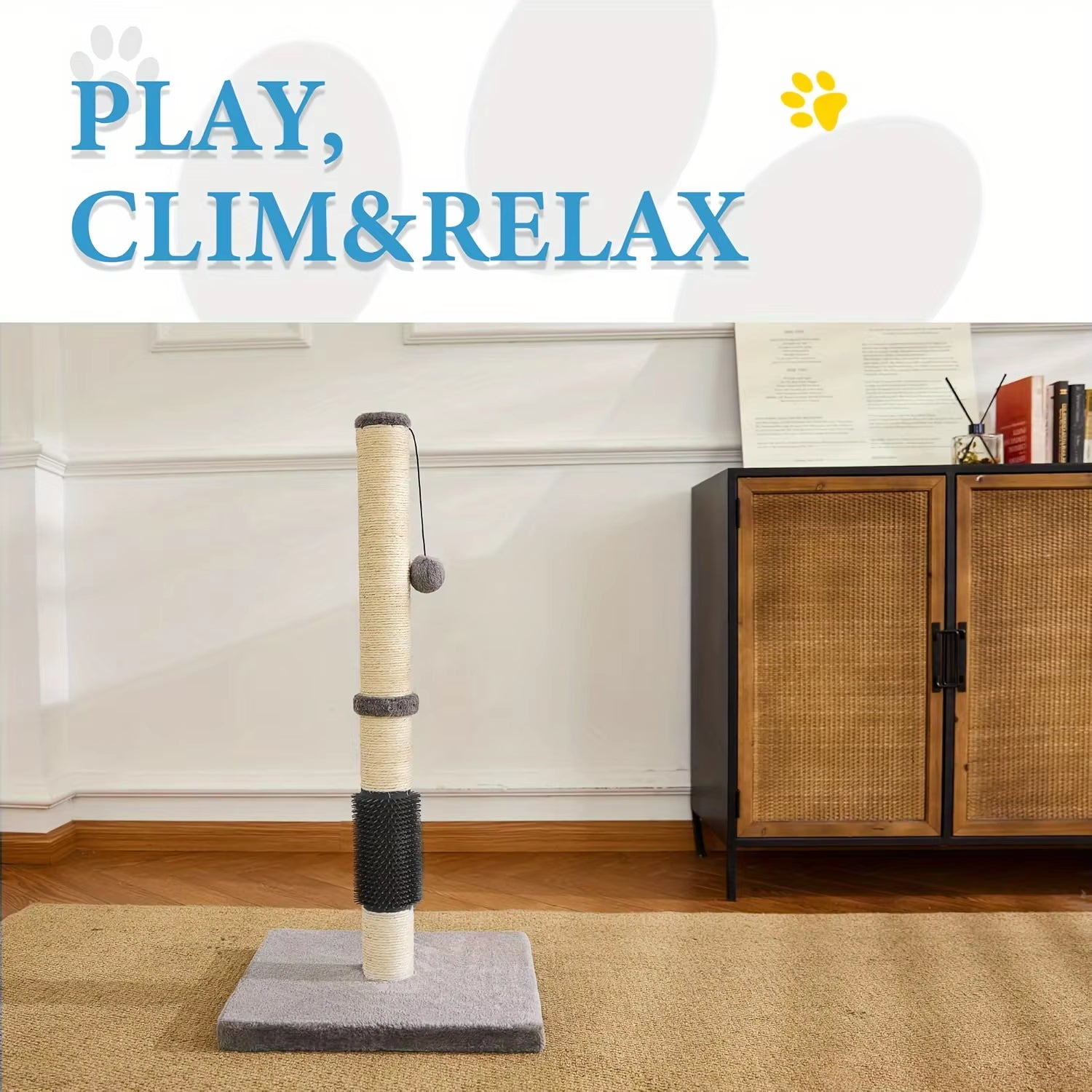 Cat Scratching Post with Groomer, Sisal Rope, Hanging Ball
