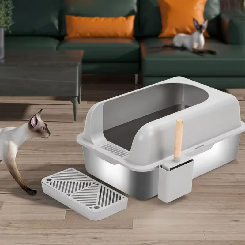 Stainless Semi Open Plan Cat Litter Box Comfortable Large Space Sturdy Durable Wider Thicker Removable Easy Cleaning Pet Supplie