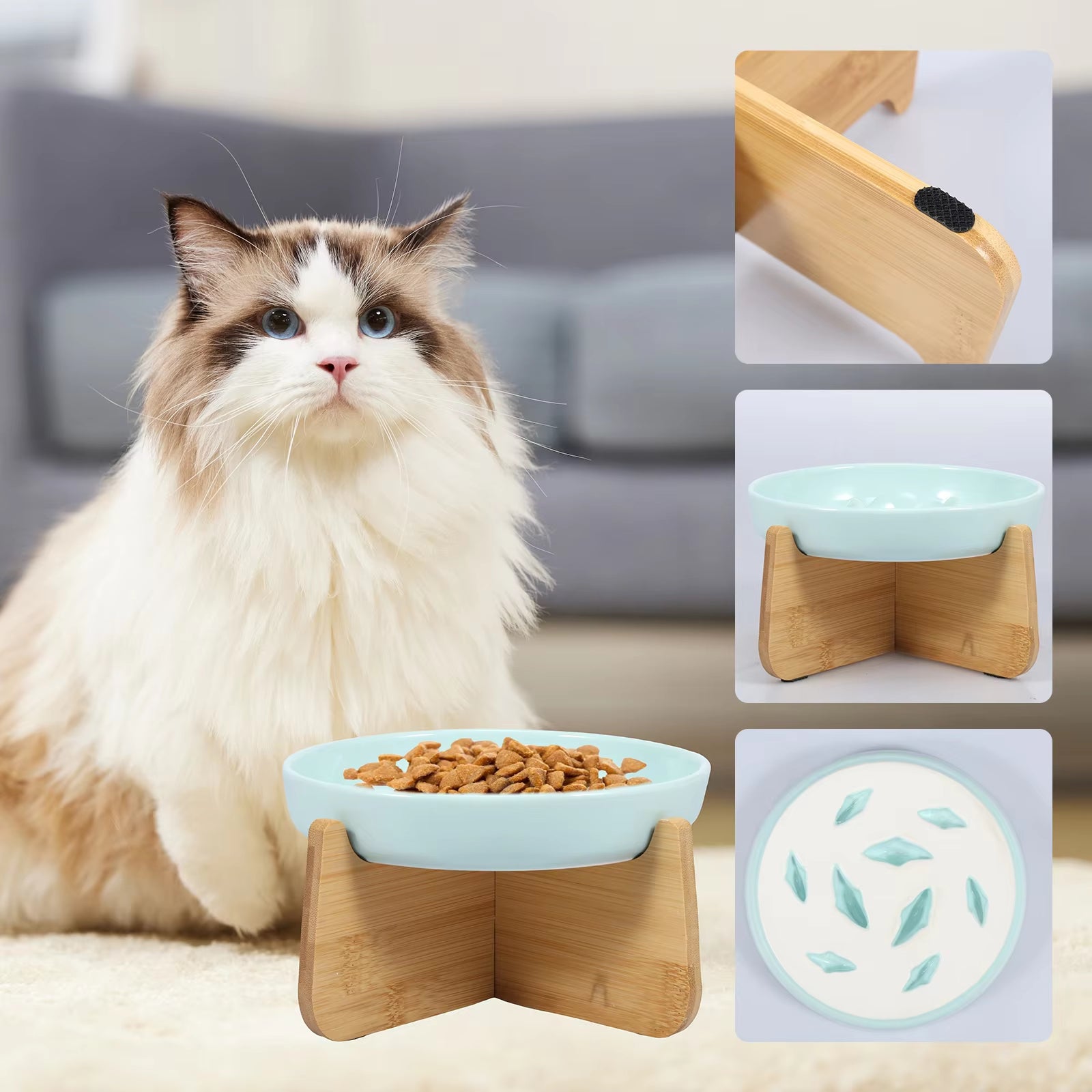 Slow Feeder Bowl with Wooden Stand for Cats - Anti-Choke