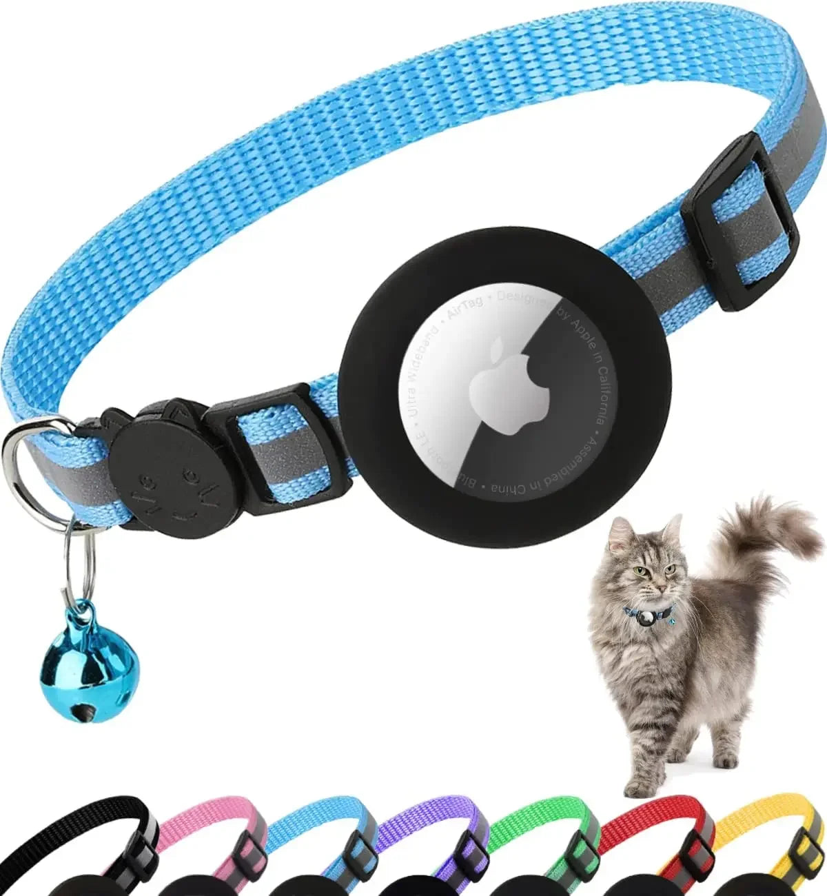 AirTag Cat Collar Reflective w/ Holder & Bell, 0.4" Breakaway