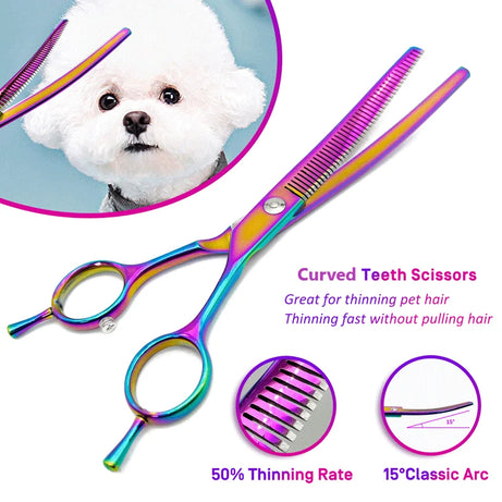 Colorful 7" Curved Thinning Shears for Dog Grooming Scissors