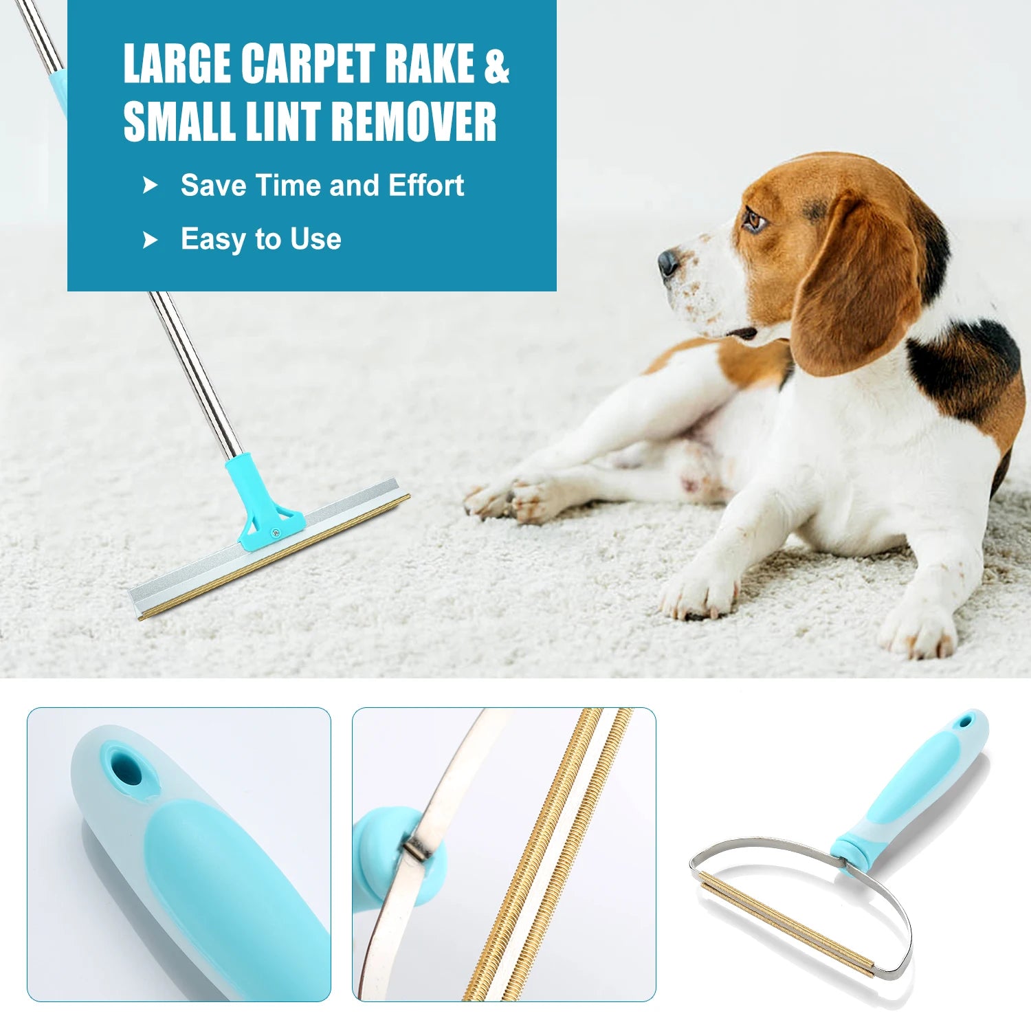 Adjustable Pet Hair Remover Set – Carpet Rake & Lint Broom