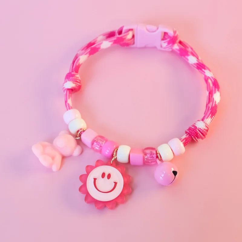 Colorful Braided Dog Collar with Pendant, Bell, Adjustable