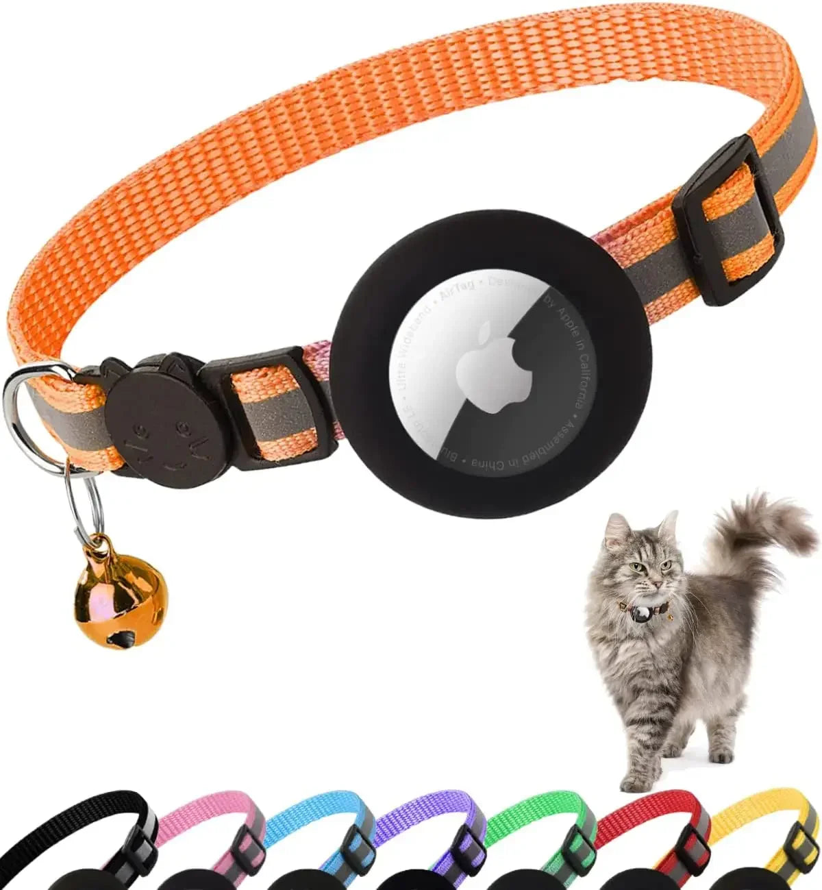 AirTag Cat Collar Reflective w/ Holder & Bell, 0.4" Breakaway