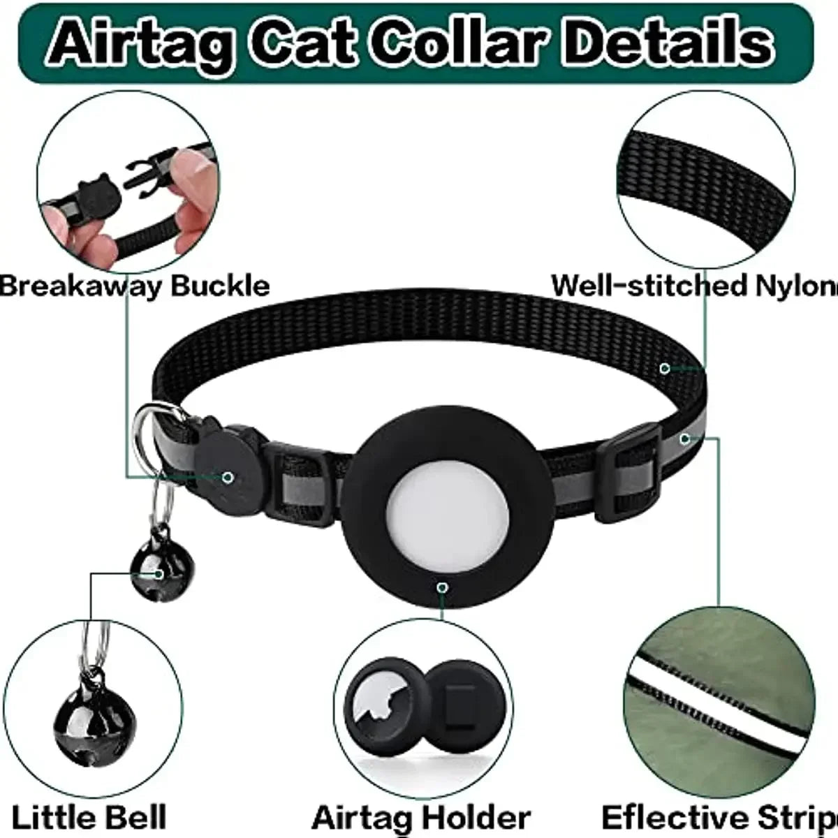AirTag Cat Collar Reflective w/ Holder & Bell, 0.4" Breakaway