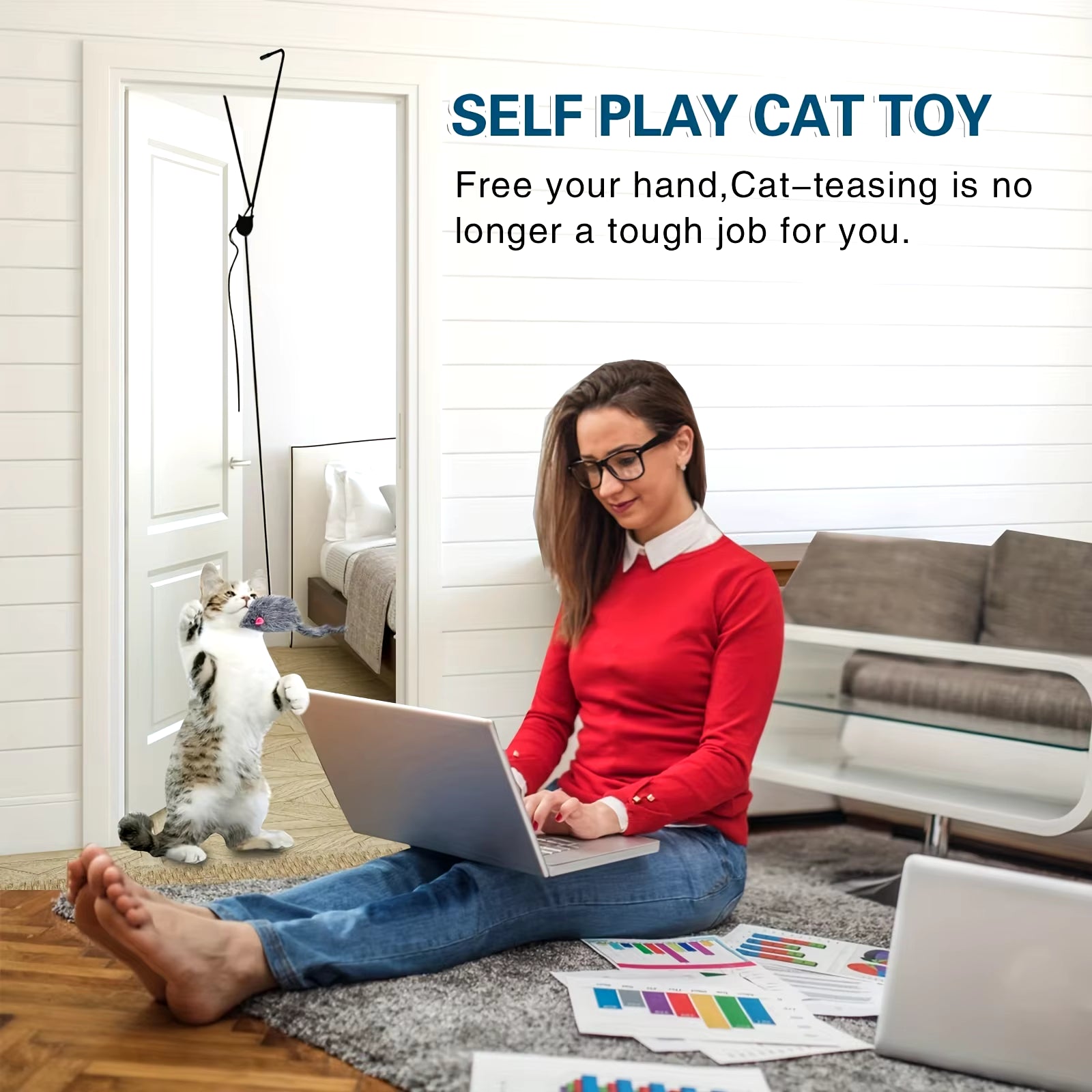 Interactive Plush Cat Teaser Toy Retractable Wand, Cartoon Design