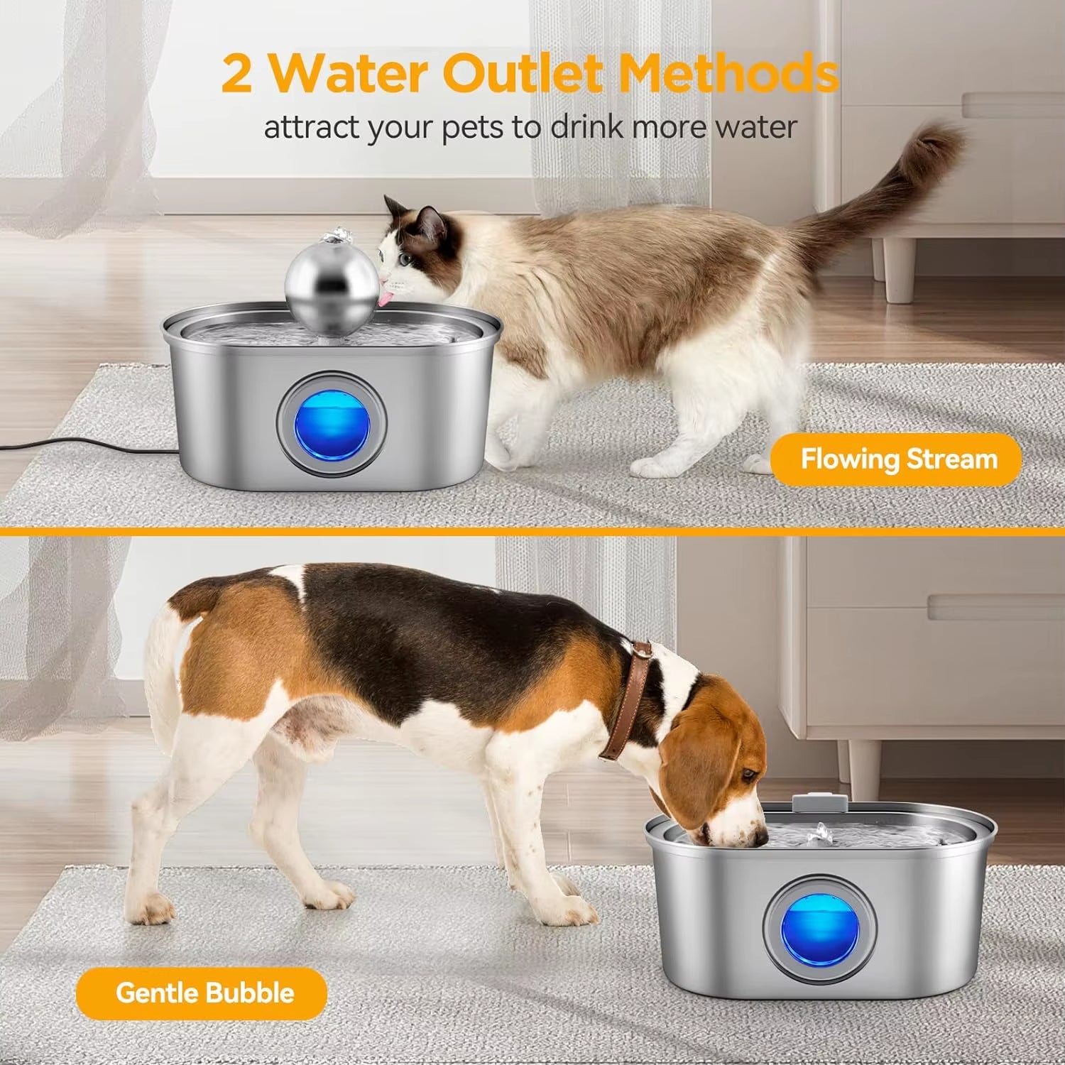 Stainless Steel Cat & Dog Water Fountain with Auto Dispenser