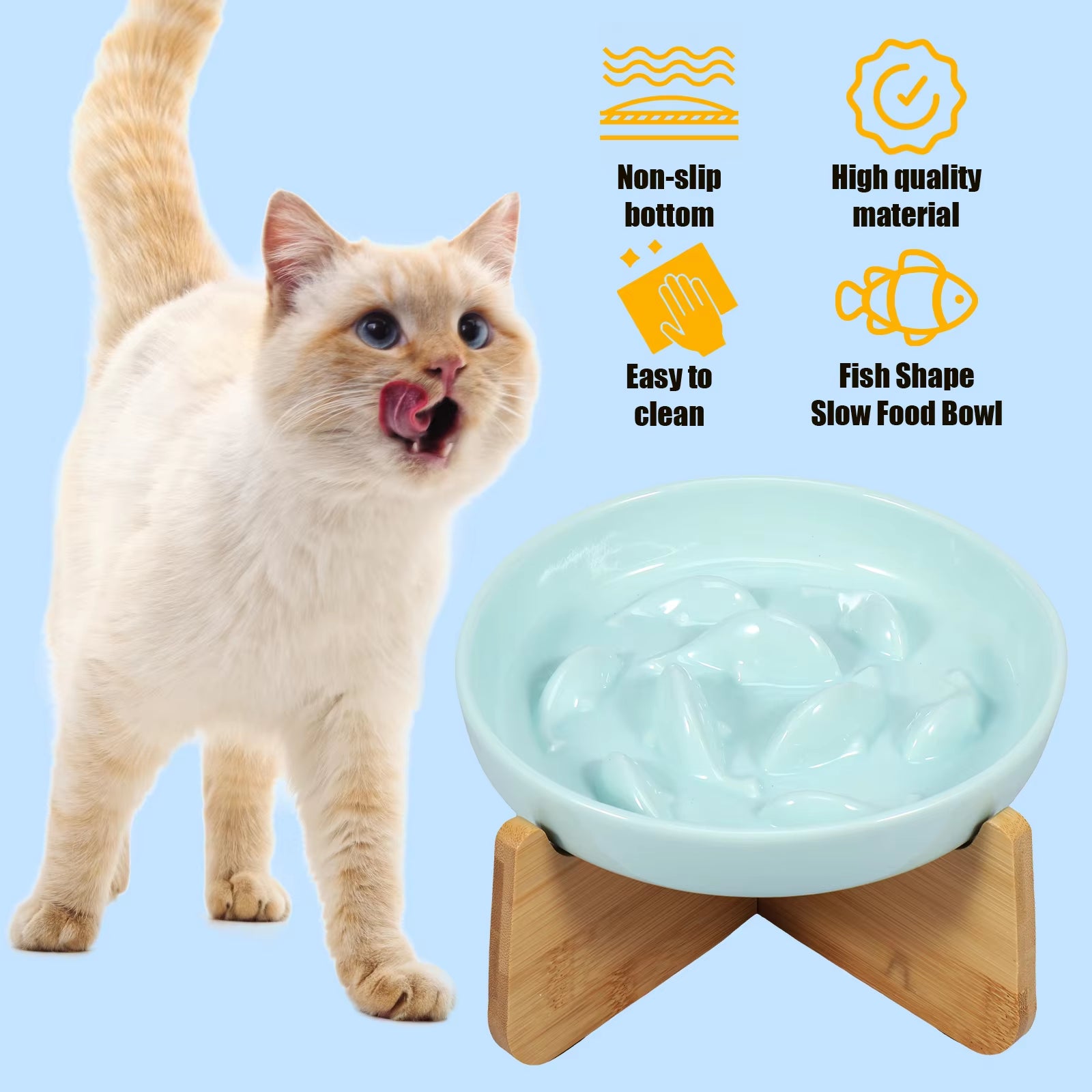 Slow Feeder Bowl with Wooden Stand for Cats - Anti-Choke