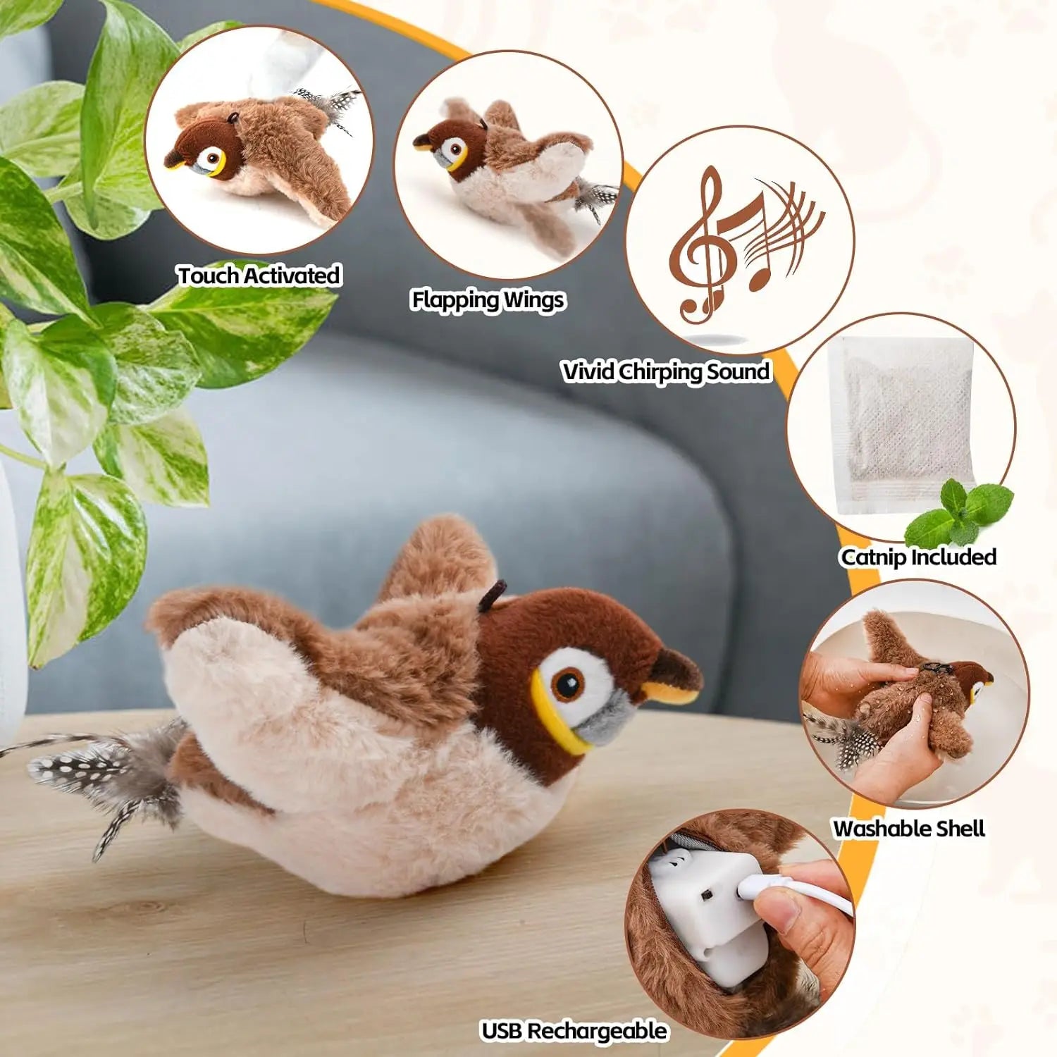 Rechargeable Cat Toy Chirping Flapping Bird with Catnip
