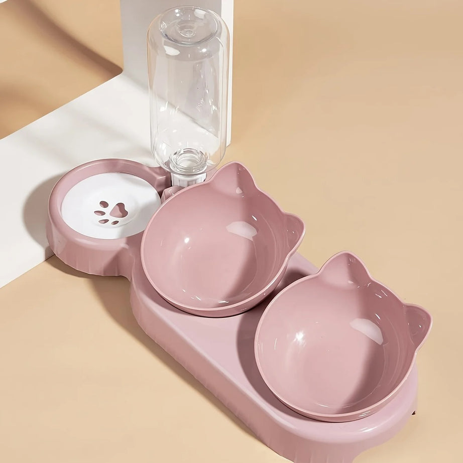 3-in-1 Tilted Cat Bowl Set with Water Feeder & Bottle