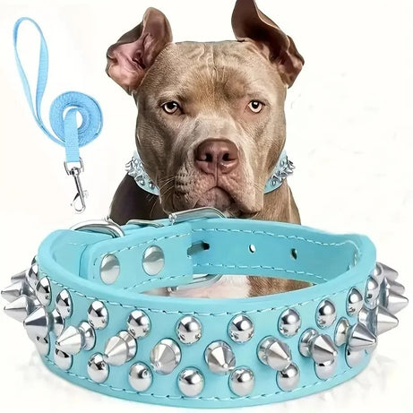 Spiked Leather Dog Collar & Leash Set for Walking