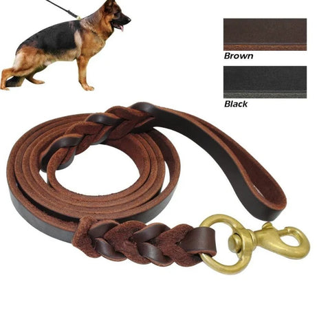 Genuine Leather Dog Leash – Braided Long Lead for Medium/Large