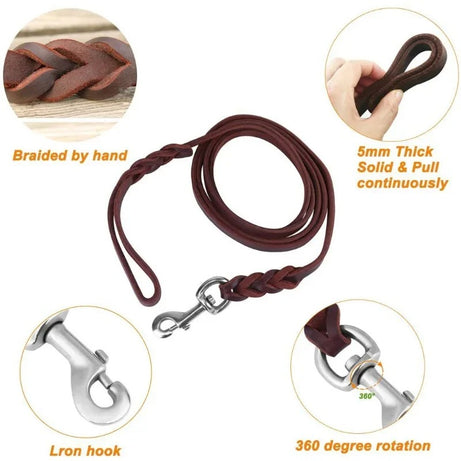 Genuine Leather Dog Leash – Braided Long Lead for Medium/Large