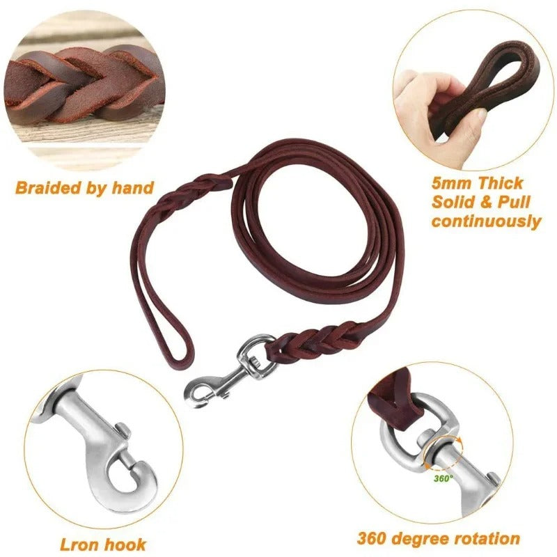 Genuine Leather Dog Leash – Braided Long Lead for Medium/Large