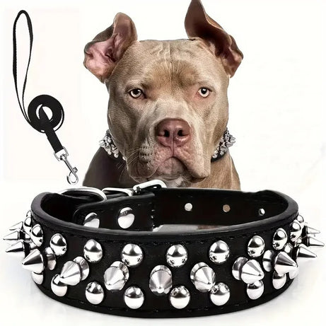 Spiked Leather Dog Collar & Leash Set for Walking