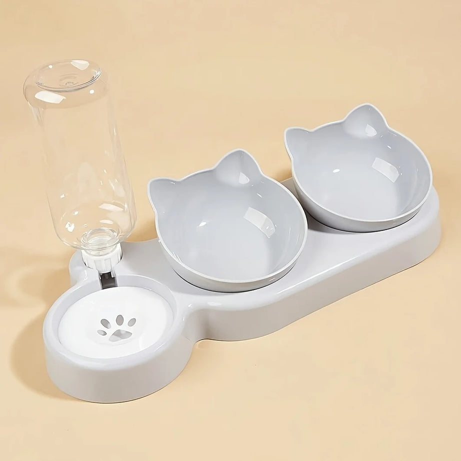 3-in-1 Tilted Cat Bowl Set with Water Feeder & Bottle